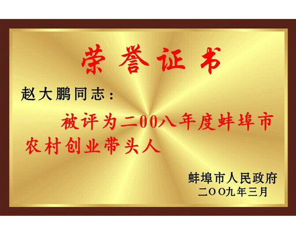 Comrade Zhao Dapeng was awarded the title of 2008 Rural Entrepreneurship Leader in Bengbu City